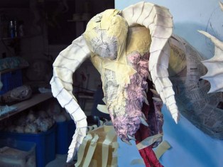 Paper Mache Tiamat dragon - black dragon build forehead
