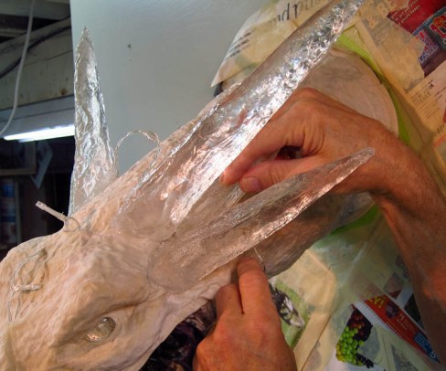 paper mache dragon -first horns